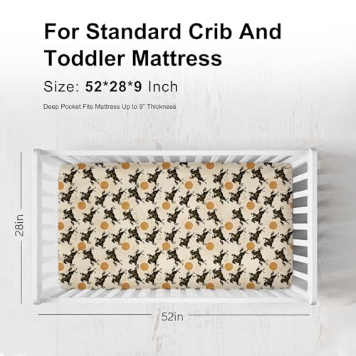 Image of Western Cowboys Sun Fitted Baby Crib Sheets for Girl Boy 52 inchx28 inch Vintage Cowboy Horses Sunshine Soft Crib Mattress Covers Southwest Country Breathable Baby Sheet for Standard Crib and Toddler Mattress