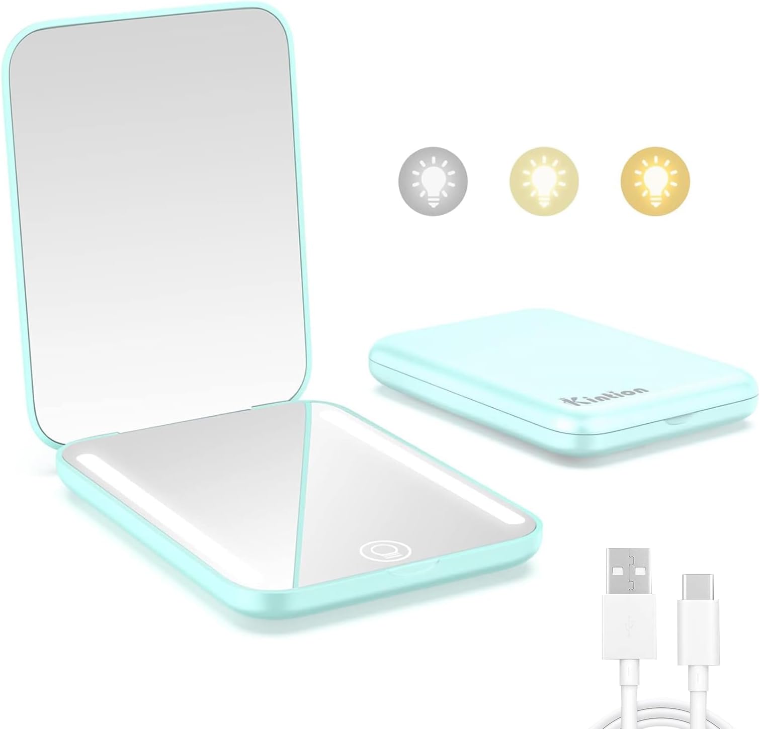 Kintion Rechargeable Pocket Mirror, Double Sided 1X/3X Magnification Compact Vanity Mirror, 3 Color Lights, Dimmable, Small Portable Wallet Mirror, Lighted Travel Mirror for Women Gifts, Cyan