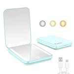 Kintion Rechargeable Pocket Mirror, Double Sided 1X/3X Magnification Compact Vanity Mirror, 3 Color Lights, Dimmable, Small Portable Wallet Mirror, Lighted Travel Mirror for Women Gifts, Cyan