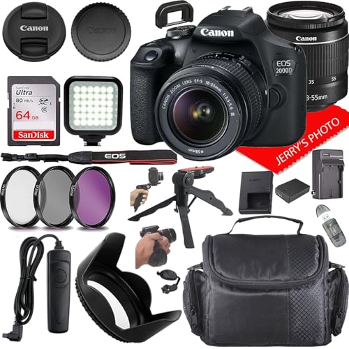 Canon EOS 2000D (Rebel T7) DSLR Camera w/Canon EF-S 18-55mm F/3.5-5.6 DC III Zoom Lens + Case + 64GB Memory (20pc Bundle) (Renewed)