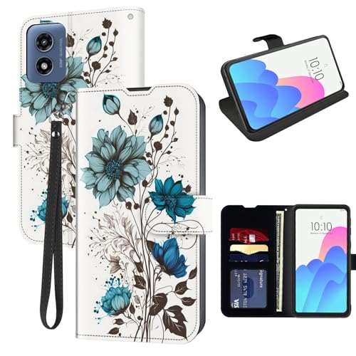 PlayFUYOCWE for Moto G Play 5G 2024 Case Wallet for Motorola Moto G Play/G 5G 2024 Phone Case with Card Holder,PU Leather Kickstand RFID Blocking Magnetic Snap Cover-Blue Flowers Drawing