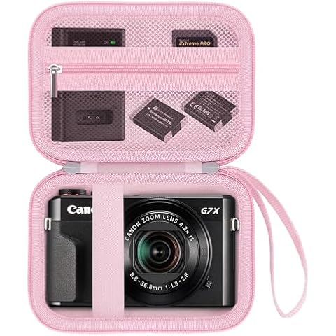 HESTECH Hard Travel Camera Case for Canon PowerShot G7 X Mark II/G7X Mark III, 4K Digital Camera Bag with Zipped Mesh Pocket for Charger, USB Cable, SD Card, Battery and Other Accessories, Pink Cover
