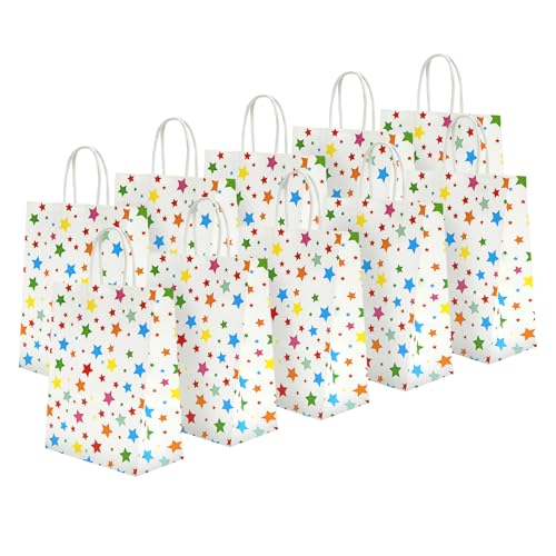 20 Pcs Rainbow Gift Bags 18x22x8cm–Colourful Party Favour Bags with 24 Heart Stickers | Durable Kraft Paper Goodie Bags for Birthdays, Weddings, Baby Showers (Coloured Stars)