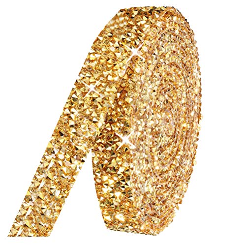 zanyu 3 Yards Crystal Rhinestone Ribbon,Gold Rhinestone Ribbon Ribbon Roll Diamond Sparkling Sewing Rhinestone Trim for Wedding Cakes Birthday Crafts Decorations (Gold 1.0CM / 0.39inch Width)