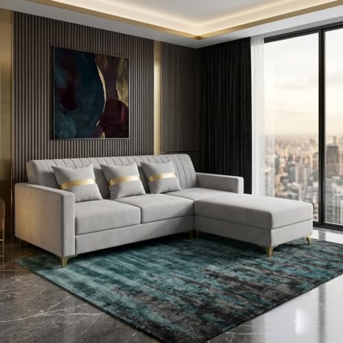 Image of CASASTYLE Signature Groovy 4-Seater L-Shape Sofa Set with Movable Ottoman | Flexible LHS /RHS Layout | Smooth Boston Fabric & Plush Cushions | 40D Foam + Zigzag Spring | 3-Yr Warranty (Light Grey)