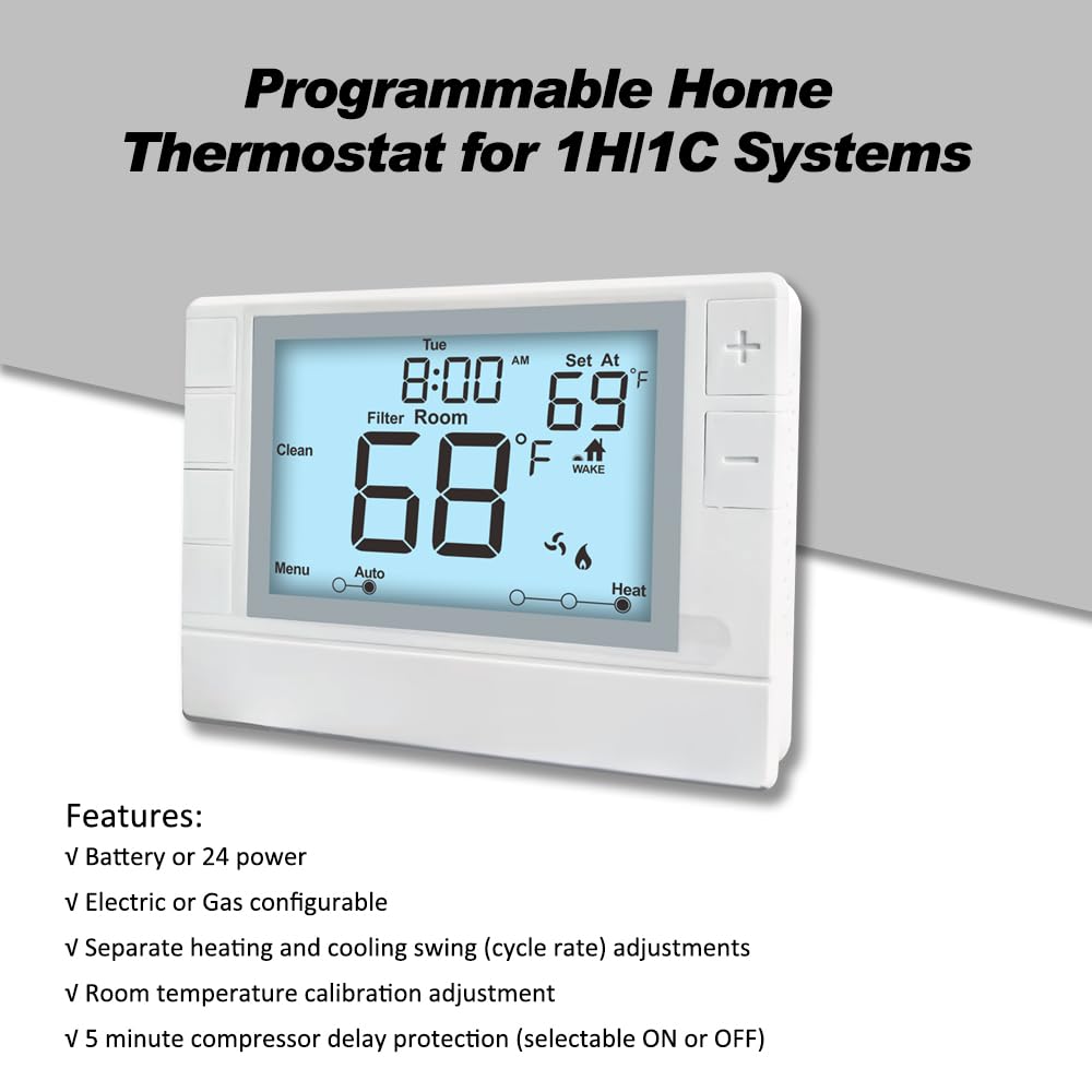 Termostato programable para casa, una etapa, 1 calor/1 frío, ahorro de energía, retroiluminación blanca