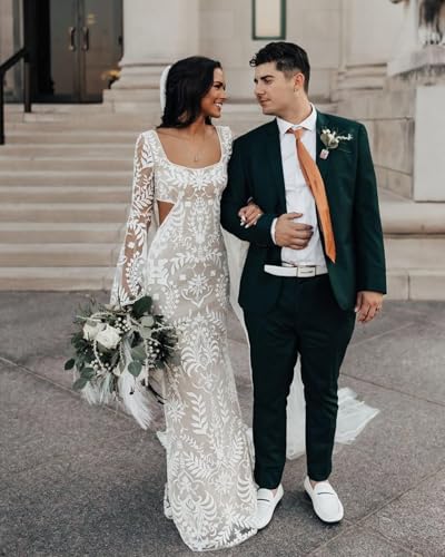 Long Sleeve Wedding Dress Vintage Lace Mermaid Wedding Gowns Beach Boho Bridal Dresses for Women Bride3