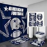 Namdeva 4PCS Sports Shower Curtain Set, American Football Helmet Stadium Grey Dots White Quotes Navy Blue Texas Star Touchdown Man Cave Bathroom Decor, Non-Slip Bath Mat, Gifts for Men Teenage Boys
