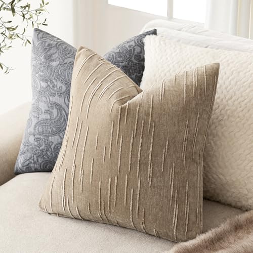 Image of Foindtower Pack of 2 Slubby Textured Chenille Throw Decorative Pillow Covers Square Accent Solid Cushion Cover Neutral Farmhouse Pillow Case for Couch Sofa Bedroom Living Room 24x24 Inch,Khaki Camel