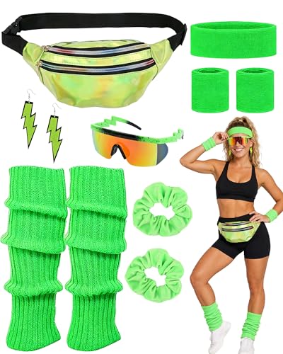 Vivrerizo Green 80s Outfit for Women - 9 Pcs Fancy Leg Warmers Scrunchies Glasses Fanny Pack Headbands Wristbands and Neon Earrings for Women, Retro Neon Accessories for Cosplay Party Halloween