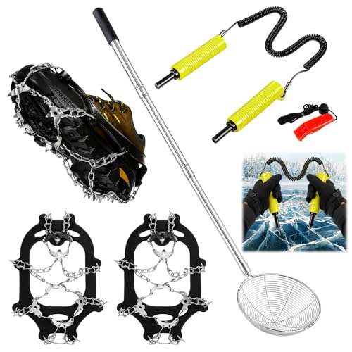 LaRandom 4 Pcs Ice Fishing Gear Kit, Include Retractable Ice Safety Picks and Fishing Scoop Skimmer, Crampons Cleats Snow Grips for Shoes Emergency Whistle for Hiking Climbing