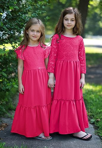 Image of MITILLY Girls Lace Flower Wedding Guest Long Maxi Dress for 6-12 Years | Girls Boho Dress, Girls' Special Occasion Dresses, Wedding Party, Size 6-12 Years, Ruffle Sleeve, A Line, With Pockets