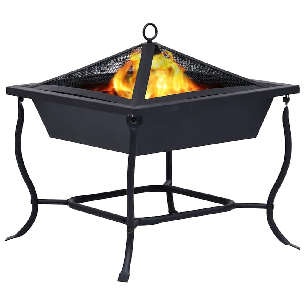 Brasero de acero con recubrimiento en polvo, 42 x 42 x 45 cm, con rejilla protectora y atizador de madera, para madera seca, troncos o carbón, también utilizable como barbacoa