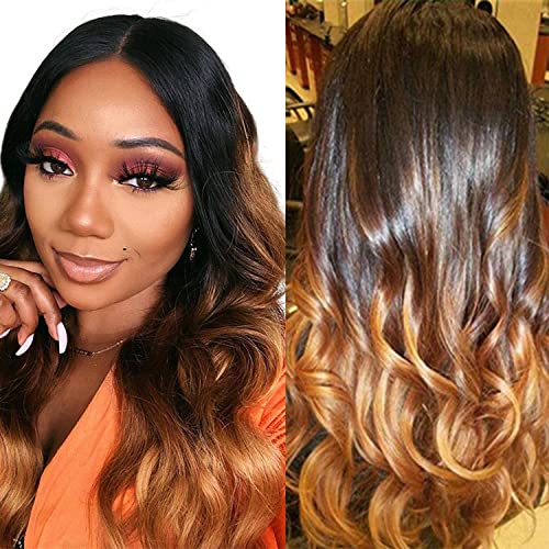 Ombre Human Hair Wigs 3 Tone Ombre Body Wave Wigs Pre Plucked Ombre Color 1B430 wigs Free Part With Baby Hair Glueless Wig For Women 150% Density Natural Hairline Soft Hair 16 Inch