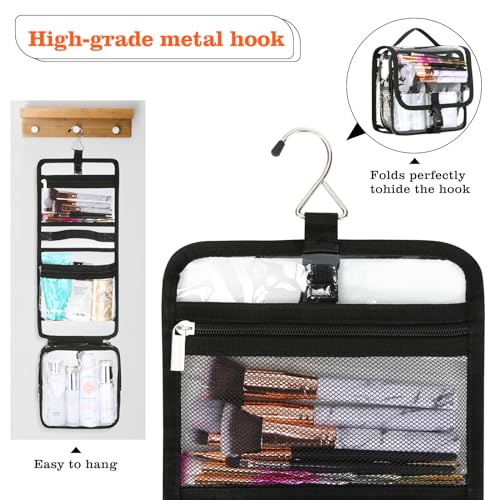 Clear Toiletry Bag with TSA Liquids Travel Bag, Hanging Travel Transparent Makeup Cosmetic Organizer, Waterproof Carry On Airline 3-1-1 Compliant Bag Quart Sized Luggage Pouch (Black-Clear)4
