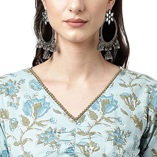 Image of FIORRA Women's Light Blue Pure Cotton Flared Kurta with Pant
