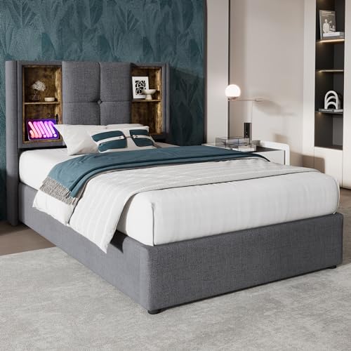 HYSZ Cama tapizada, cama individual, con carga inalámbrica USB C, con espacio de almacenamiento, somier de láminas de madera gris algodón, 90 x 200 cm (con colchón)