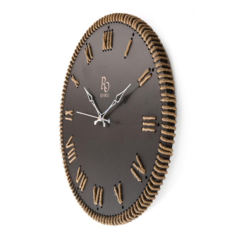 Image of Wooden Round Shape Roman Dial Wall Clock with Golden Jute Detailing and Silver Hands | Silent Quartz Movement Anti Reflection Analog Vintage Clock for Office and Home (Black, 15.5 Inch)