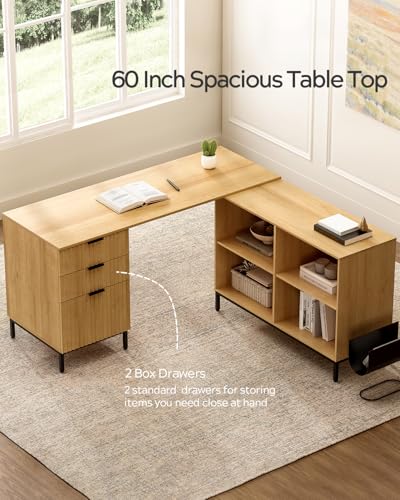 Image of EYYTHUNG L Executive Desk with Storage Cabinet, 60 inch Fluted Modern Flexible Home Office Desk, Large Wood Convertible Computer Standing Up Desk with File Drawer, Writing Desk Natural Oak