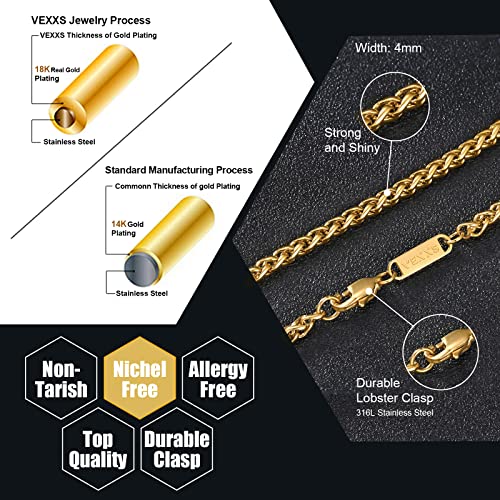 VEXXS Wheat Chain, 18K Real Gold Plated Men’s Necklace Gold Chain, Durable No Color Fading 3mm 4mm Miami Cuban Link Chain Urban Fashion Street Wear2