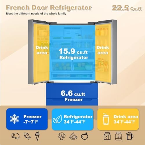 French Door Refrigerator 22.5 cu.ft, Frost Free Counter Depth Refrigerators, LED Lighting Stainless Steel Kitchen Refrigerator Bottom Freezer, with Ice Maker for Home Use on Fridge.com