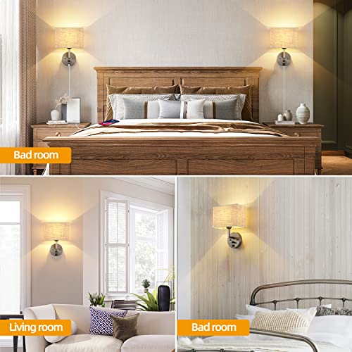 Image of Plug in Wall Sconce with Dimmer Switch and USB Port,1-Light 9.5 inchRectangular Linen Fabric Shade,Bedside Wall Lamp Satin Nickel Finish,Wall Lamps Perfect for Bedroom, Living Room and Hotel
