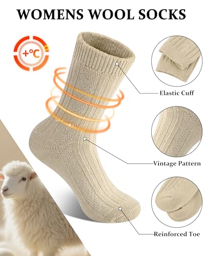 Image of Loritta Wool Socks for Women, Winter Warm Hiking Boot Socks Gifts | Classic Cozy Crew, Vintage Knit, Soft Thick House Socks, Outdoor, Christmas Gift, Stocking Stuffers for Mom Grandma Wife
