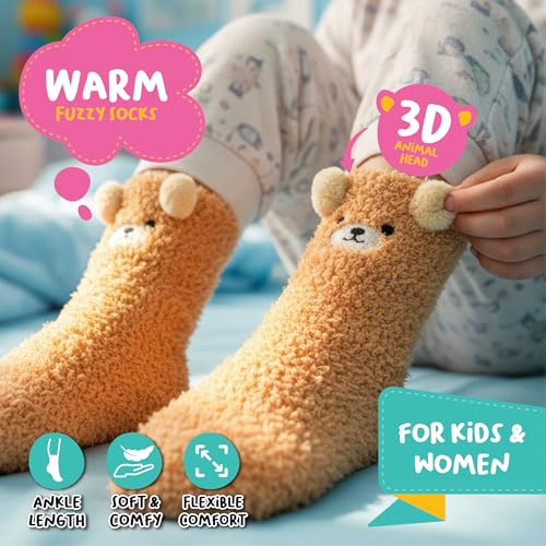 Image of POPCRAZE Bear Gift Fuzzy Crew Socks with 3D Ears Unisex Size 5-9