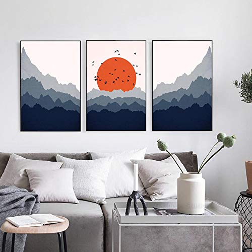 Art mural scandinave abstrait bleu orange : affiche panorama et impression toile salon