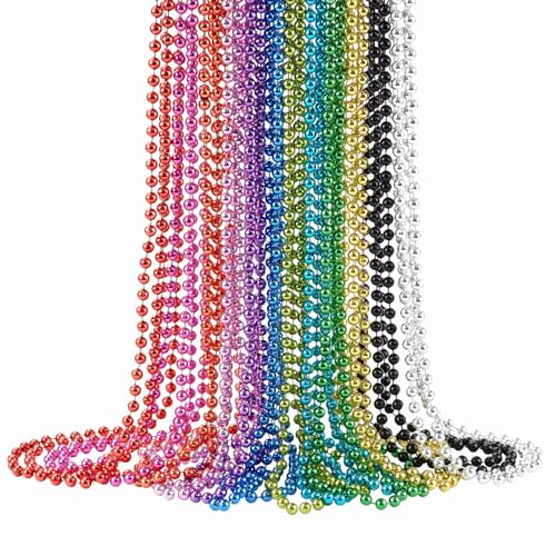 SHAOQINLIN 24 PCS Mardi Gras Beads Necklaces, 12 Colors 33 Inch 7 mm Metallic Bead Necklaces Bulk Party Beads Necklace Round Beaded Necklaces for Mardi Gras, Christmas, Carnival Party Favor