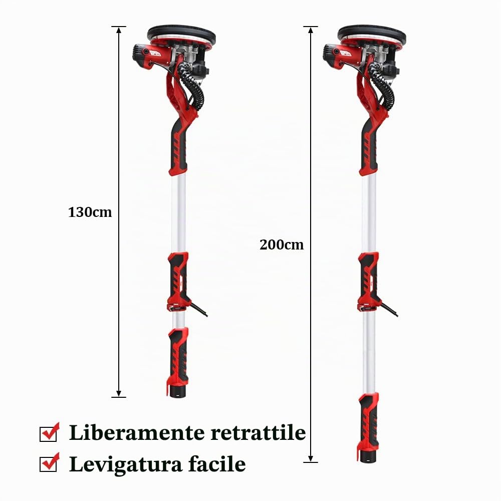 Levigatrice per muro telescopica 1390 W, Raccolta Automatica di Polvere,Impugnatura telescopica fino a 2m, Dischi Abrasivi 12PCS, Tubo Flessibile e 2 Spazzole in Carbone