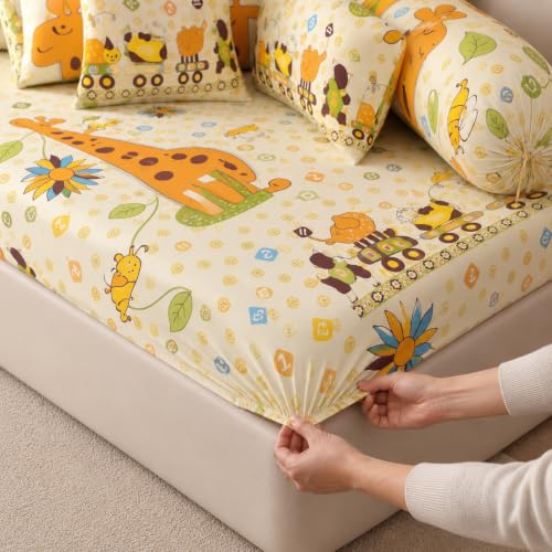 Image of Filymore Yellow Giraffe Kids Fitted Diwan Set 8 Pieces - Microfiber Diwan Bedsheet Set with 5 Cushion Covers & 2 Bolster Covers | Soft Cartoon Giraffe Print Diwan Cover Set for Kids Room