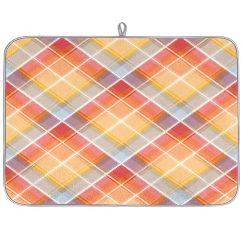 Axurera Tapete de secado de platos clásico a cuadros naranja con líneas geométricas para encimera de cocina, tapete escurridor de platos absorbente, lavable para escurridores de encimera, 61 x 46 cm