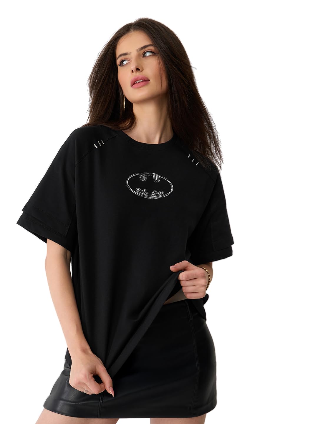 The Souled Store Batman: Rhinestone Logo Women and Girls Short Sleeves Round Neck Black Graphic Printed Cotton Oversized Lightweight Everyday Streetwear T-Shirt-image-30