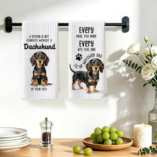 Image of 2 Pcs Funny Dachshund Kitchen Towels 24x14 Inch, Dachshund Gifts Reusable Dish Towels for Kitchen Bathroom Decor, Waffle Weave Absorbent Hand Cloth Tea Towel, Weiner Dog Gifts for Women Mom Friend