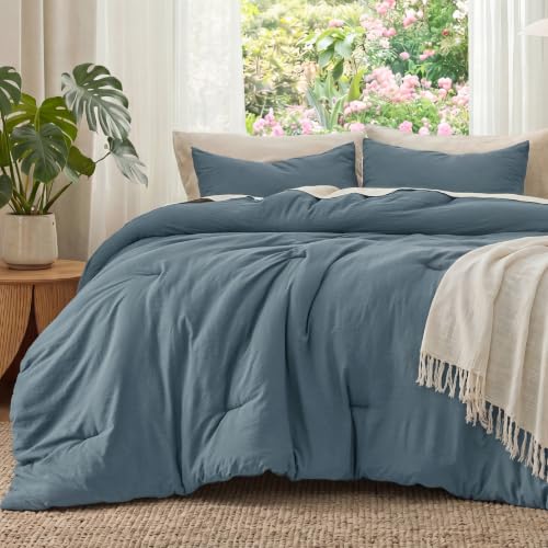 Image of Bedsure Super King Plus Comforter Set, Slate Blue Soft Prewashed Bedding for All Seasons, 3 Pieces GentleSoft Bed Set, 1 Lightweight Comforter (128 inchx120 inch) and 2 Pillowcases (20 inchx36 inch)