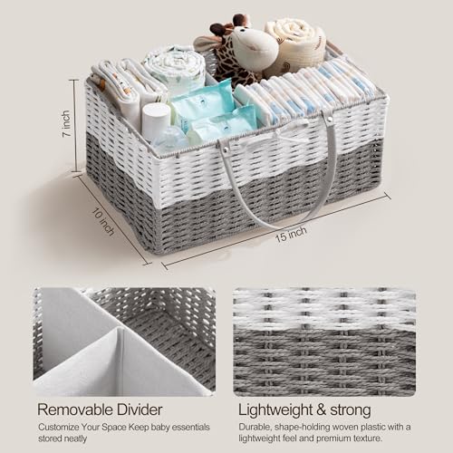 Image of HBlife Large Baby Diaper Caddy Organizer, Paper Rope Storage Baskets Nursery Bin with Removable Divider, Portable Car Organizer for Diapers, Baby Shower Gifts, Newborn Essentials Must Haves