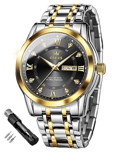 OLEVS Herrenuhren Gold Schwarz Edelstahl Uhr Männer mit Diamant Gesicht Quarz Wasserdicht Lässige Elegante Armbanduhr Geschenk