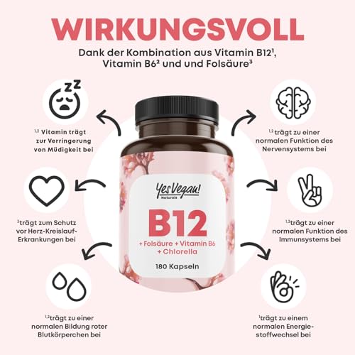 Vitamin B12 hochdosiert (180 Kapseln) aktiver 3-fach B12 Komplex mit Kofaktoren Folsäure, Vitamin B6 und Chlorella I B12 Vitamin Alternative zu Vitamin B12 Tropfen und Tabletten