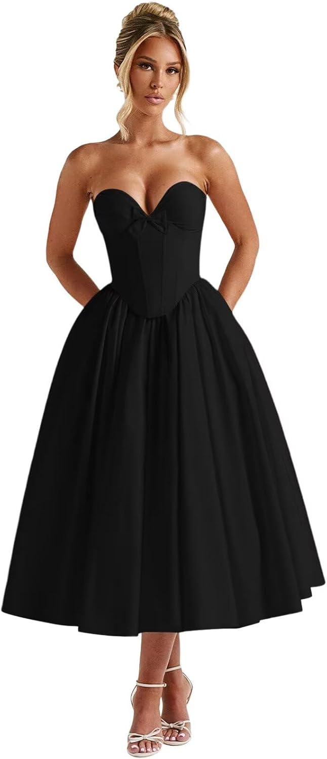 UZN Strapless Prom Dresses for Women Satin 2026 Tea Length A Line Corset Formal Evening Party Gowns