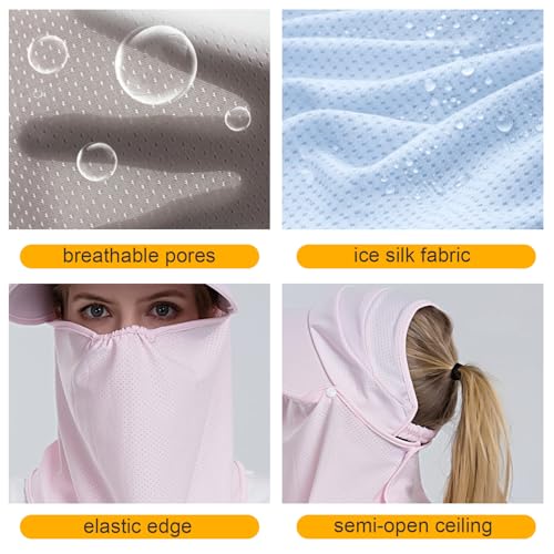 Image of Women Wide Brim Face Mask Sun Hat Detachable Neck Face Flap Ponytail UV Protection Visor Hat Garden Fishing Hiking