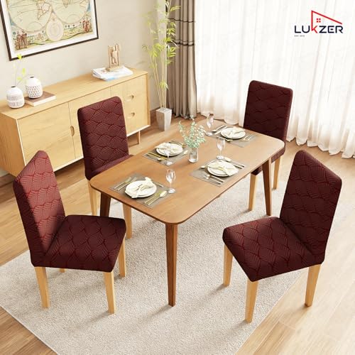 Image of Lukzer Elastic Dining Chair Cover - 6PC Pastel Deep Maroon Leaf Trail | Textured High Stretch Jacquard Seat Cover | Removable Washable Short Dining Chair Cover Protector Seat Slipcover | (CC-130-06)