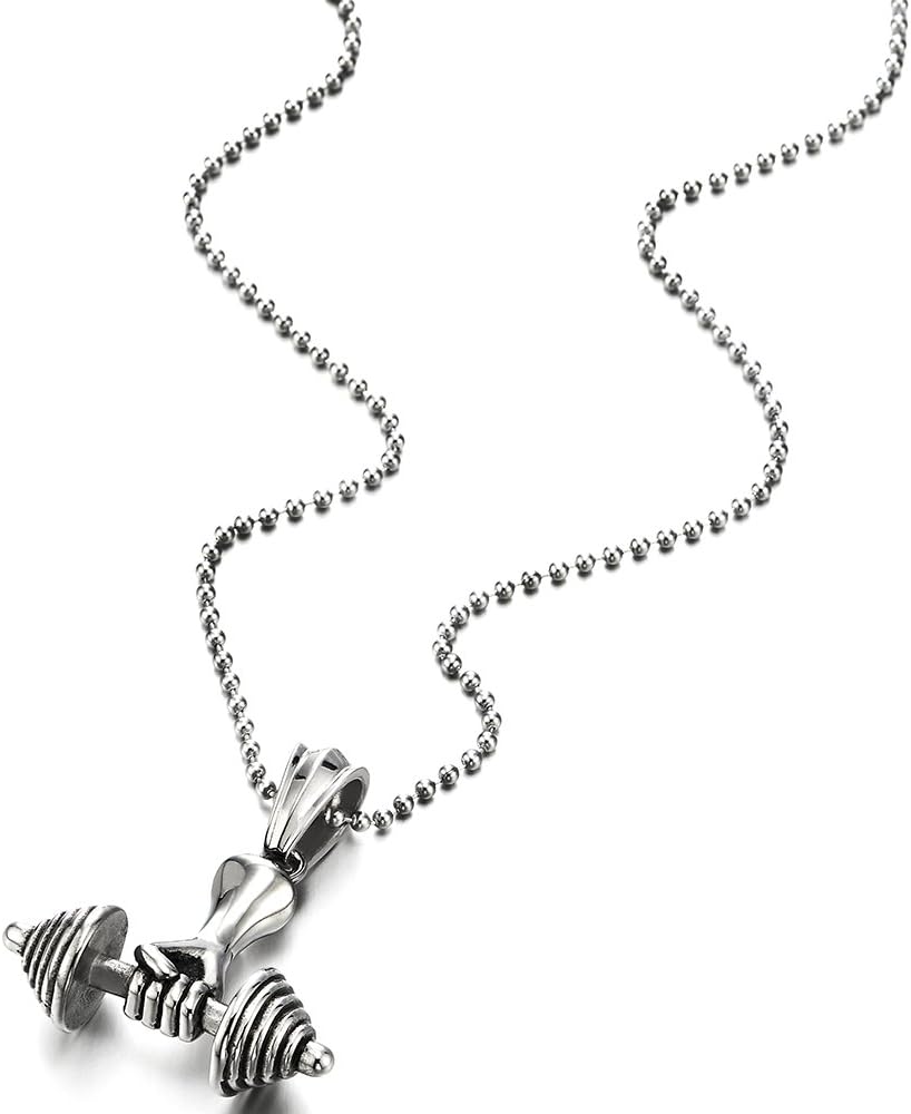 Mens Steel Hand Weight Lifting Barbell Dumbbell Pendant Necklace with 30 inches Ball Chain - Image 4
