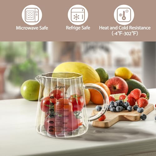 Image of Joeyan 7 oz Glass Measuring Cups with Spout,Borosilicate Large Glass Triple Pitcher with Scale,Origami Style Espresso Shot Glasses with Wood Handle for Coffee Milk