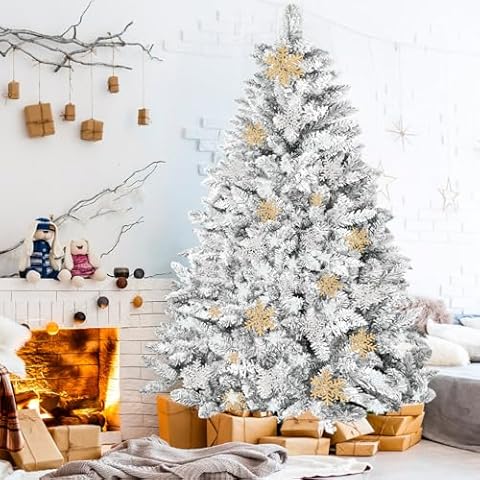 SUNCROWN 6ft Artificial Flocked Christmas Tree Premium Frosted Snow Christmas Tree Hinged Xmas Tree Holiday Decor for Indoor Outdoor, Foldable Metal Stand, 1000 Branch Tips, White Cover