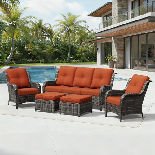 Image of Joyside 5 Piece Wicker Patio Furniture Set, Rattan Patio Chairs with High Back, Deep Seating, Wide Armrest, Thickened Cushions, Outdoor Furniture for Deck, Porch Use