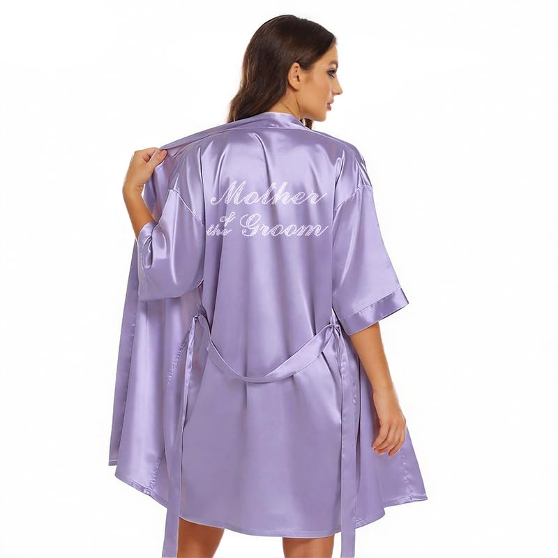 Image of Women's Bride Bridesmaid Robes Short Satin One Size Silver Rhinestones Wedding Party Getting Ready Sleepwear