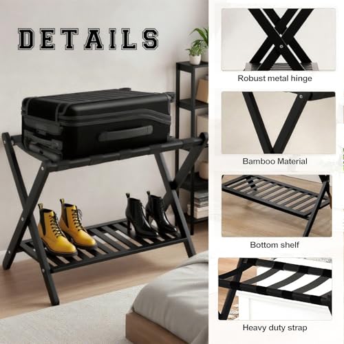 Image of Bamboo Luggage Rack with Shoe Shelf Folding Suitcase Stand with 5 Heavy-Duty Straps for Guest Room Living Room Hotel Ideal Luggage Holder for Suitcases Bags Shoes,Black