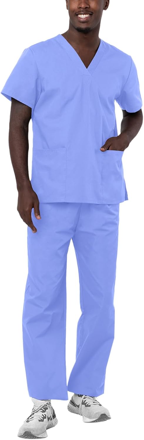 Adar Durable Unisex Scrubs Set - Classic V-Neck Scrub Top & Drawstring Scrub Pants For Men & Women