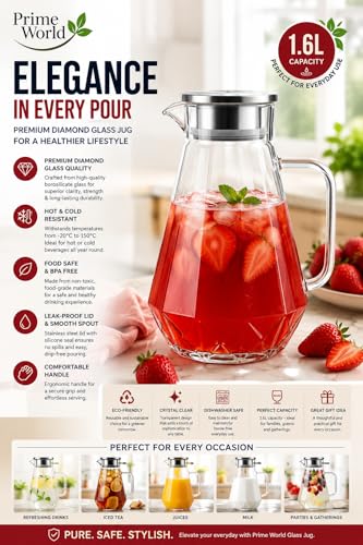 Image of PrimeWorld 1 Pc Premium Juice and Water Glass Pitcher jug with Wooden Lid and 1.1 Liter Jug Romantic Style Water jug with Handle hot Cold Water, Milk and Juice Beverage Carafes